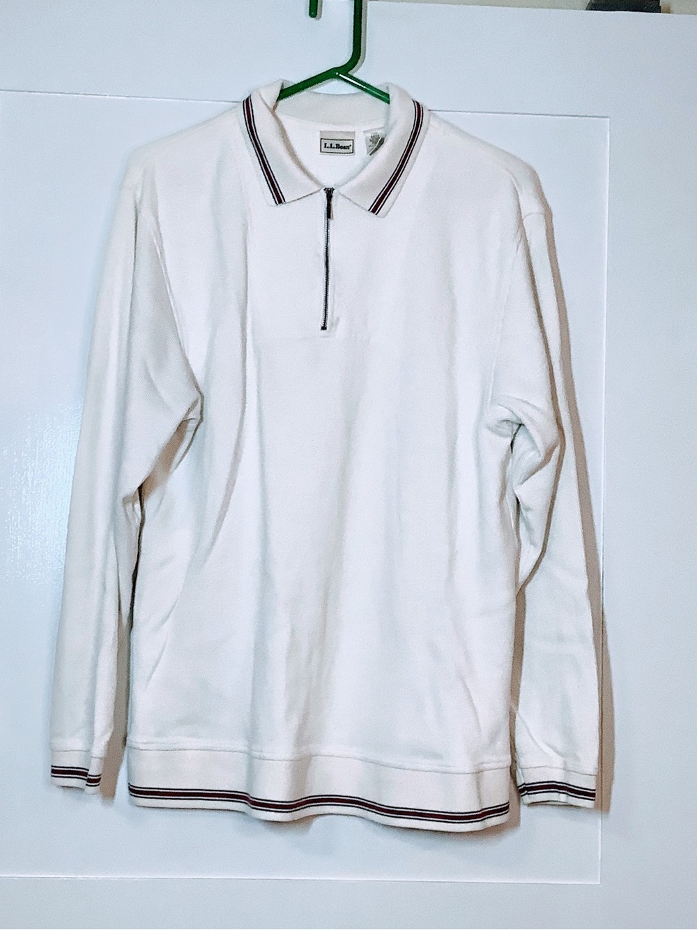 L.L. Bean White Long-Sleeve Polo with Maroon Trim